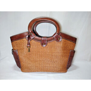 FOSSIL HOBO PURSE VINTAGE Thatch Weave & Brown Leather Colorful Summer Inside